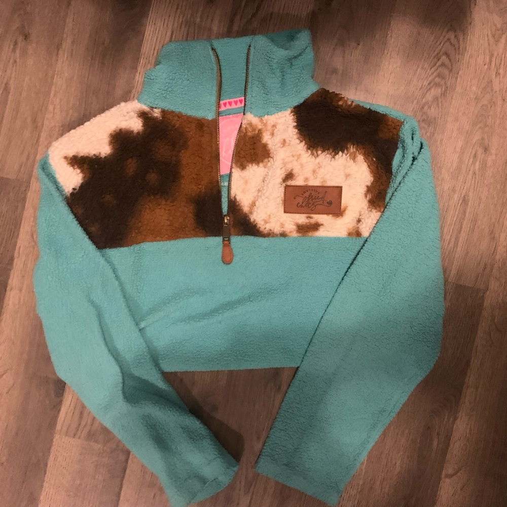 Southern Fries Chics cow print zip up pull over.